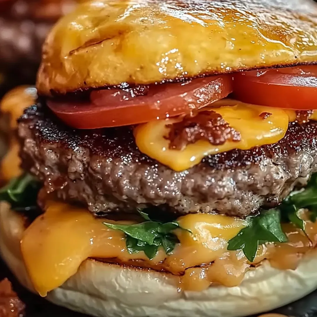 A burger with cheese and tomato.