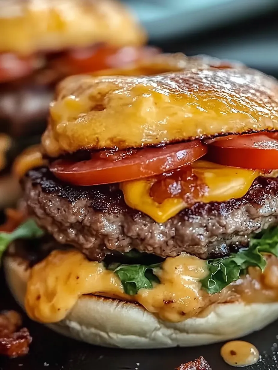 A close up of a cheeseburger with tomatoes and bacon.