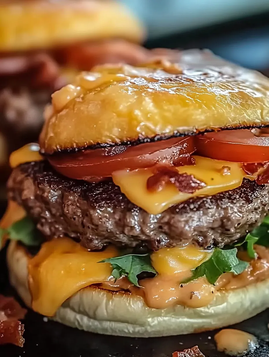 A cheeseburger with tomato and bacon.