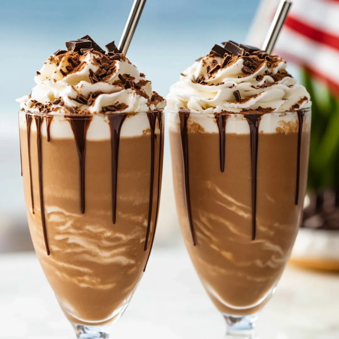 Two chocolate milkshakes with whipped cream.