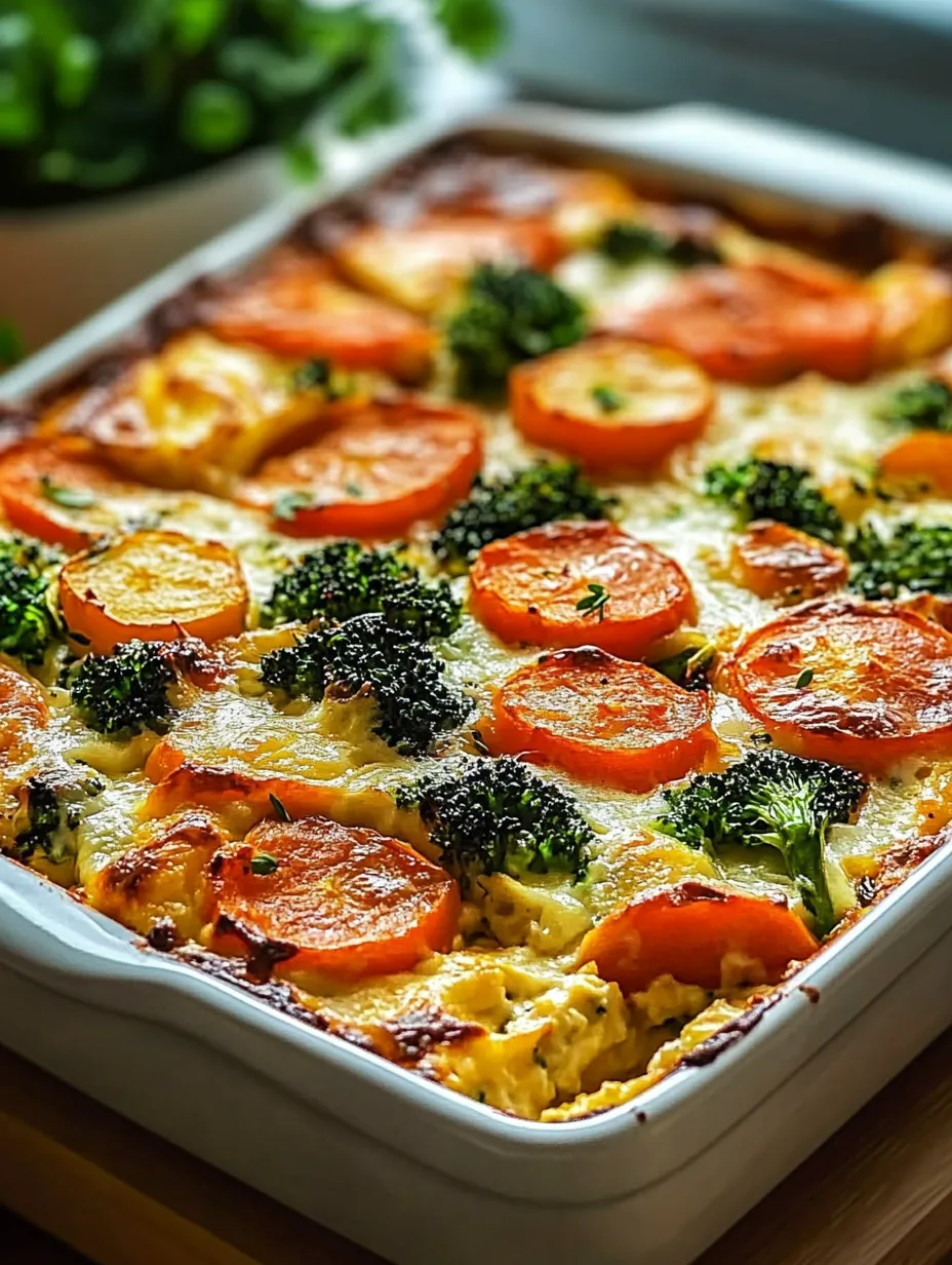 A casserole with broccoli and carrots.