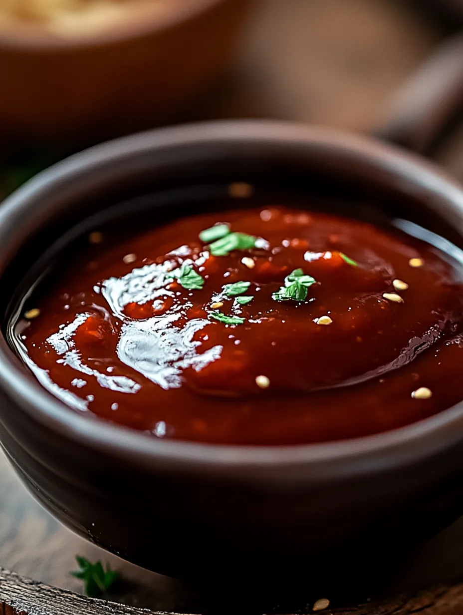 A bowl of sauce with green herbs on top.
