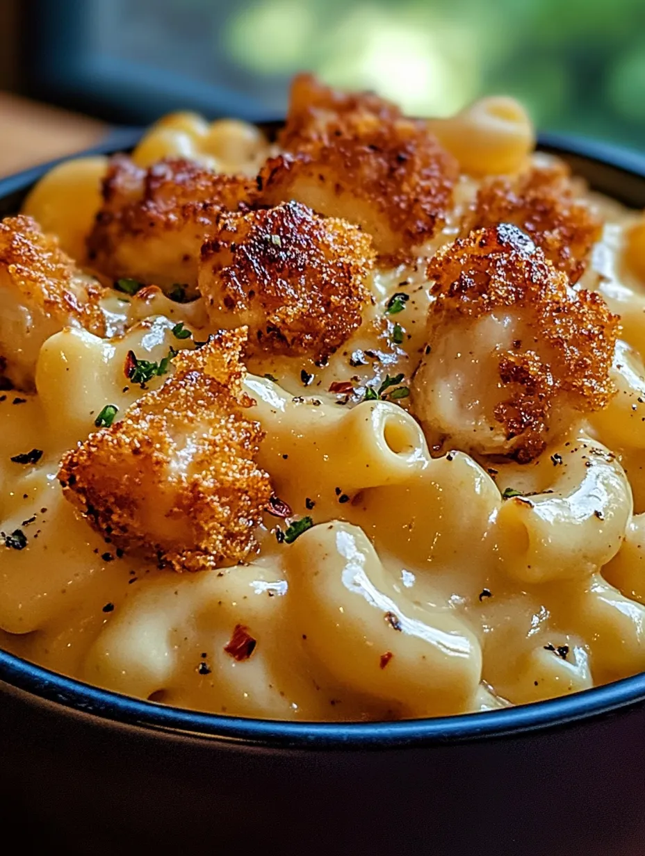 A bowl of macaroni and cheese with chicken.