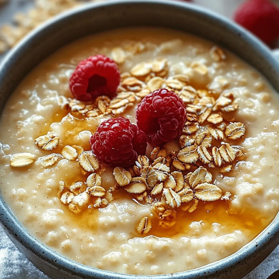 Bowl of oatmeal with raspberries on top.