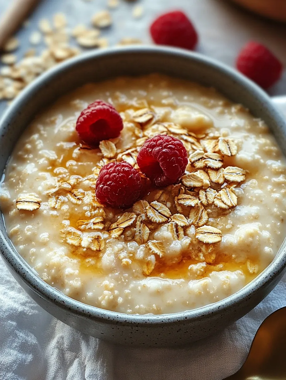 Bowl of oatmeal with raspberries on top.