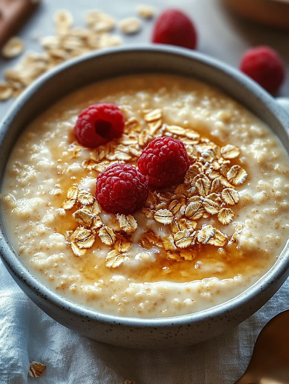 Bowl of oatmeal with raspberries on top.