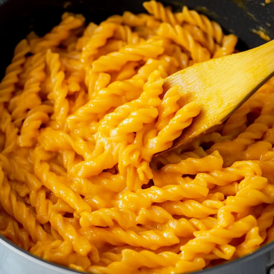 A spoon is in a pot of macaroni and cheese.