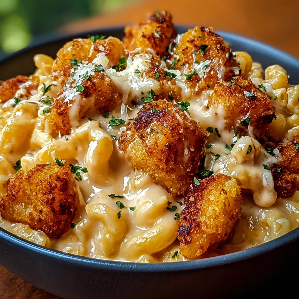 A bowl of macaroni and cheese with chicken.
