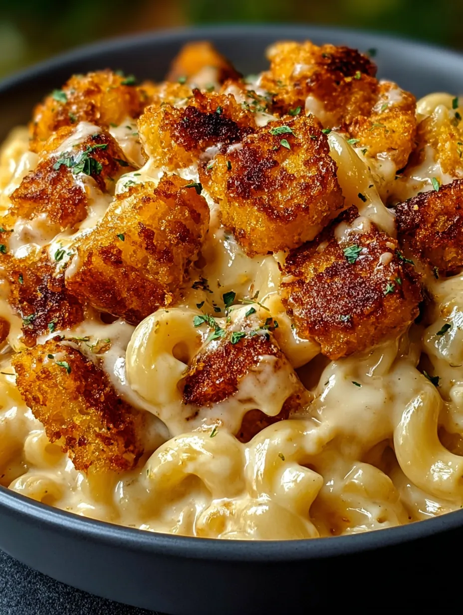 A bowl of macaroni and cheese with breaded chicken on top.