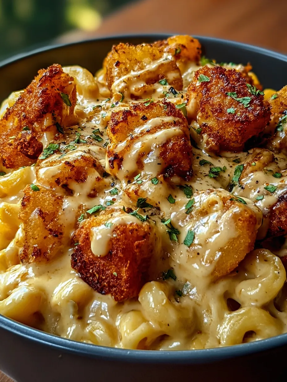 A bowl of macaroni and cheese with breaded chicken.