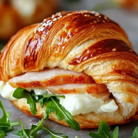 A croissant sandwich with meat and cheese.