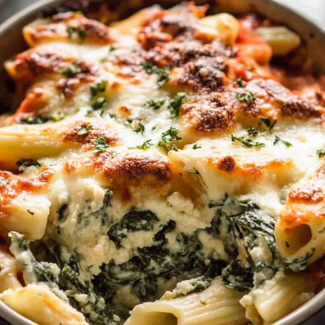 A bowl of pasta with cheese and spinach.