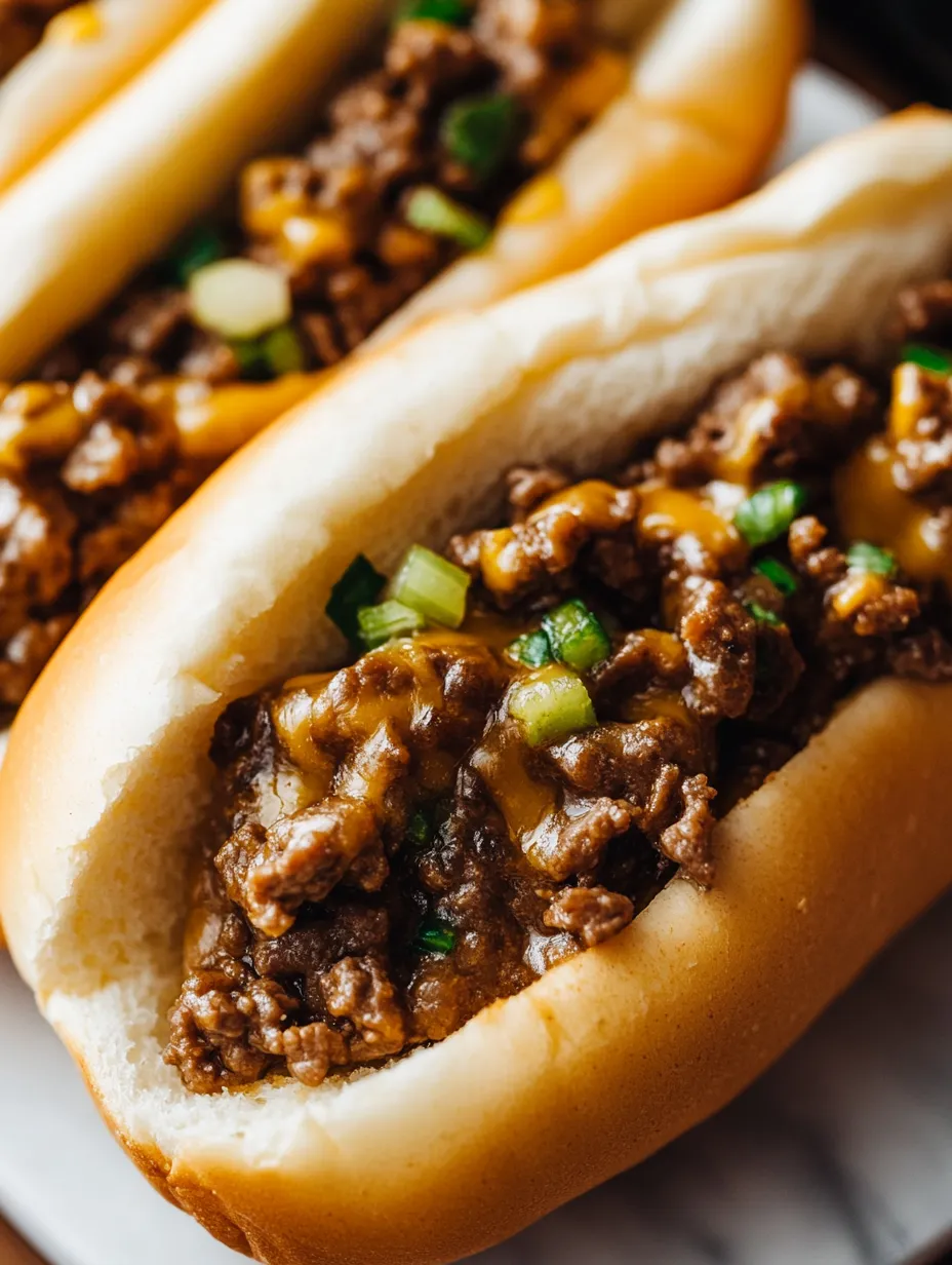 Two hot dogs with meat and cheese.