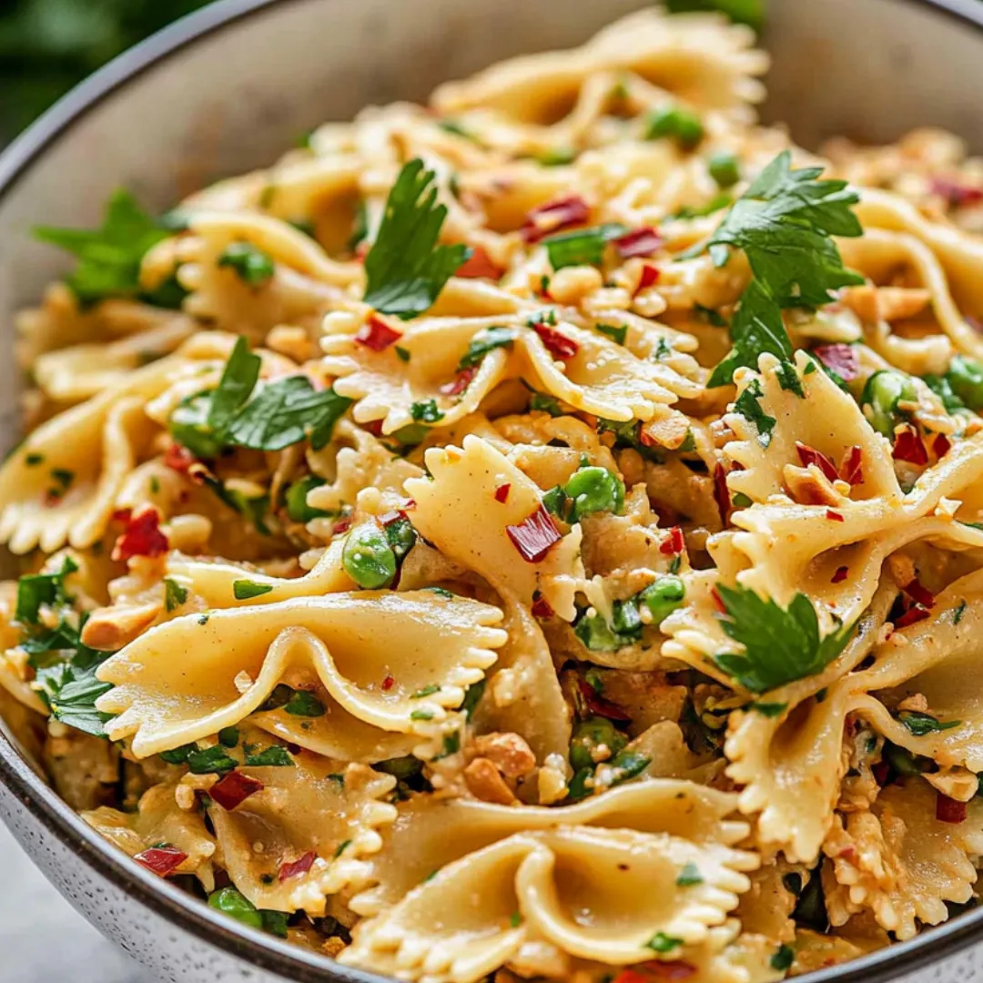A bowl of pasta with peppers and herbs.