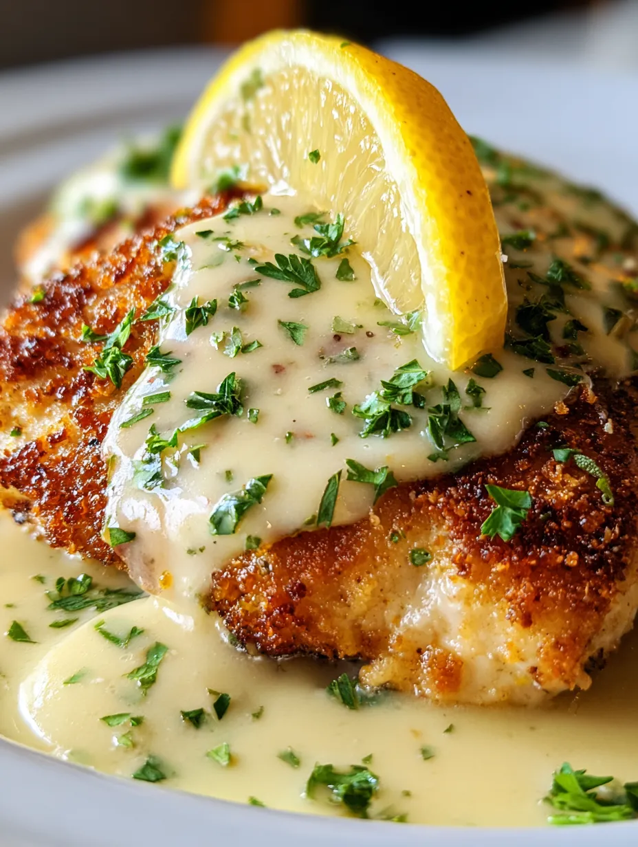 A piece of chicken with lemon and herbs on top.
