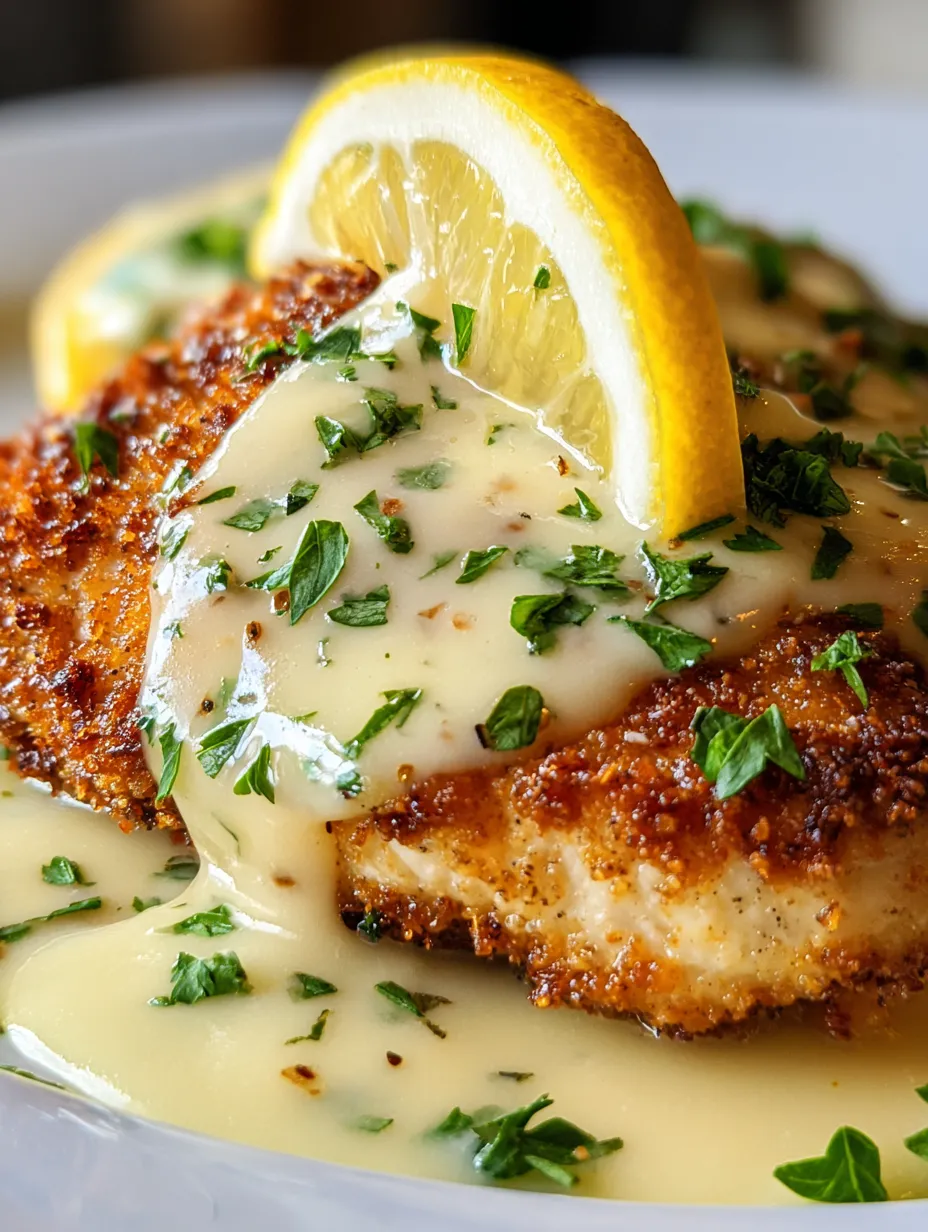 A piece of chicken with lemon and herbs on top.