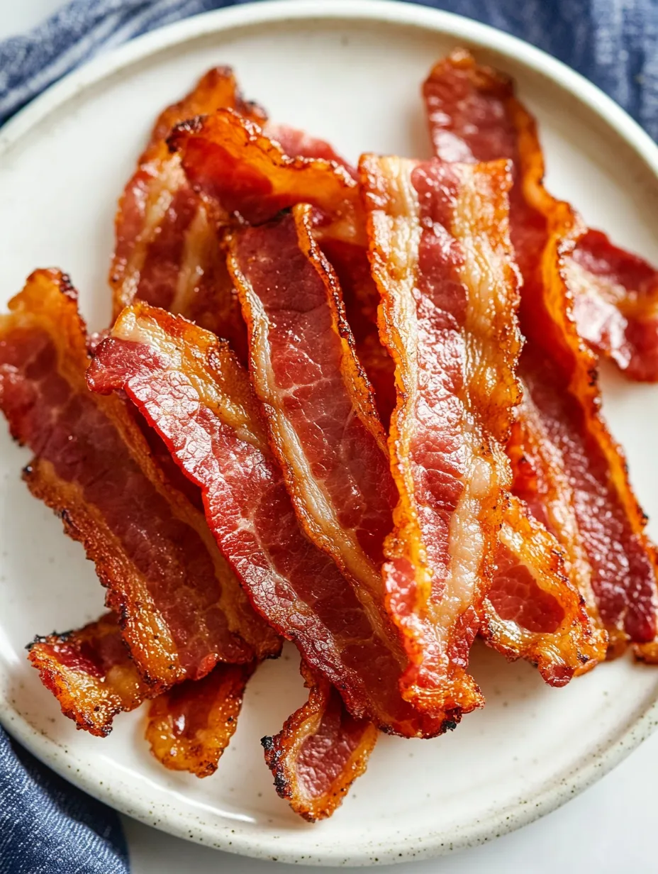 Bacon on a white plate.