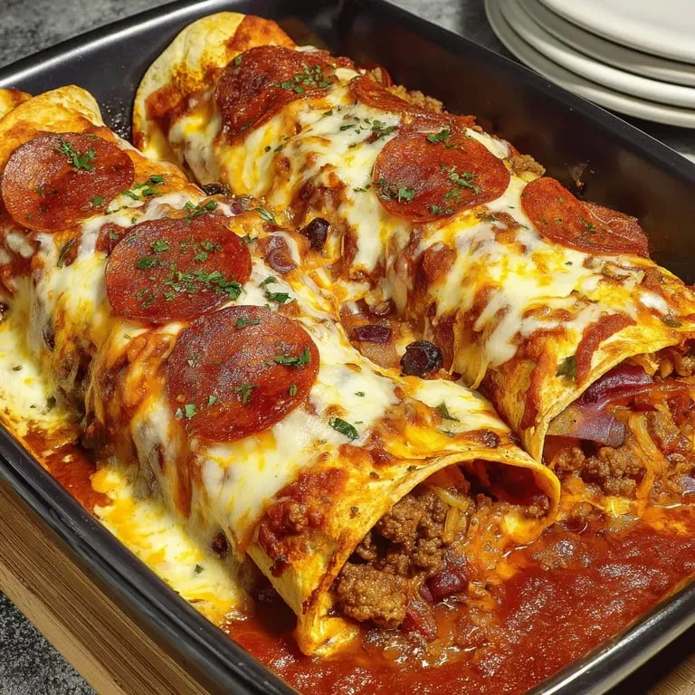 A pan of food with pepperoni and cheese.
