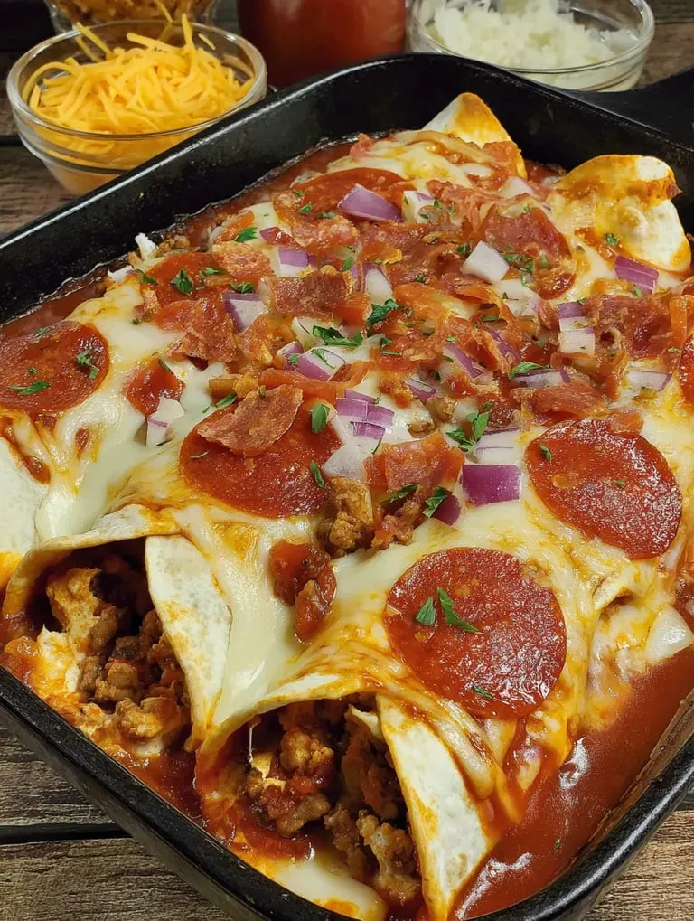 A pan of food with pepperoni and onions.