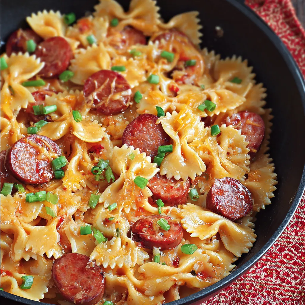 Creamy pasta, sausage, and veggies in a bowl.