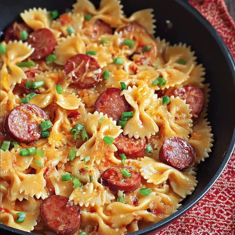 Creamy pasta, sausage, and veggies in a bowl.