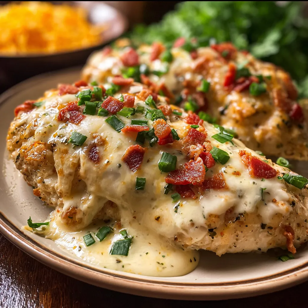 A plate of chicken with cheese and bacon.