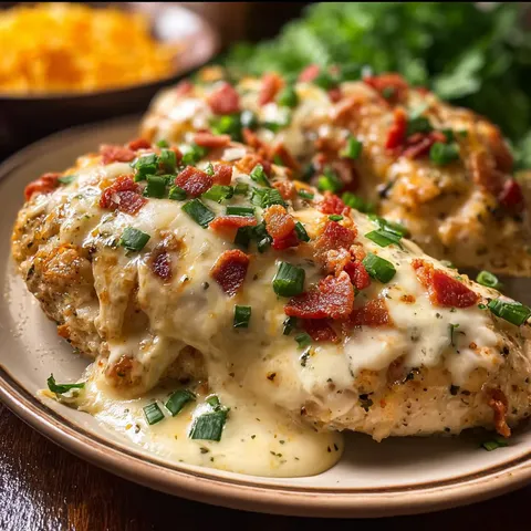 A plate of chicken with cheese and bacon.