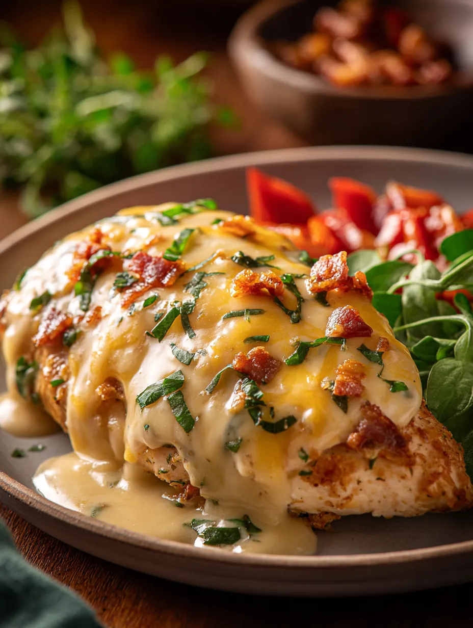 A plate of food with a cheese covered chicken breast.