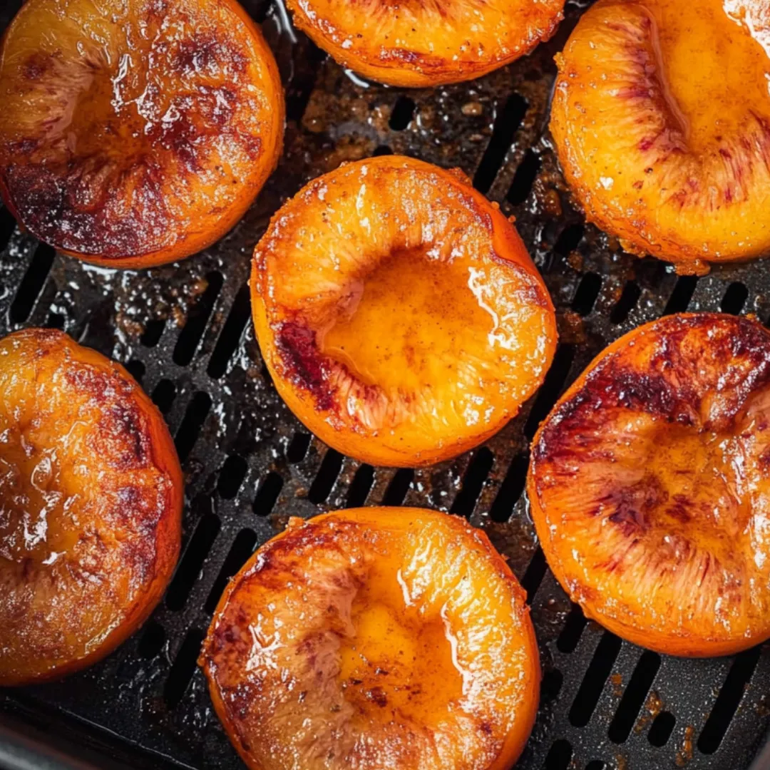 Sliced peaches on a grill.
