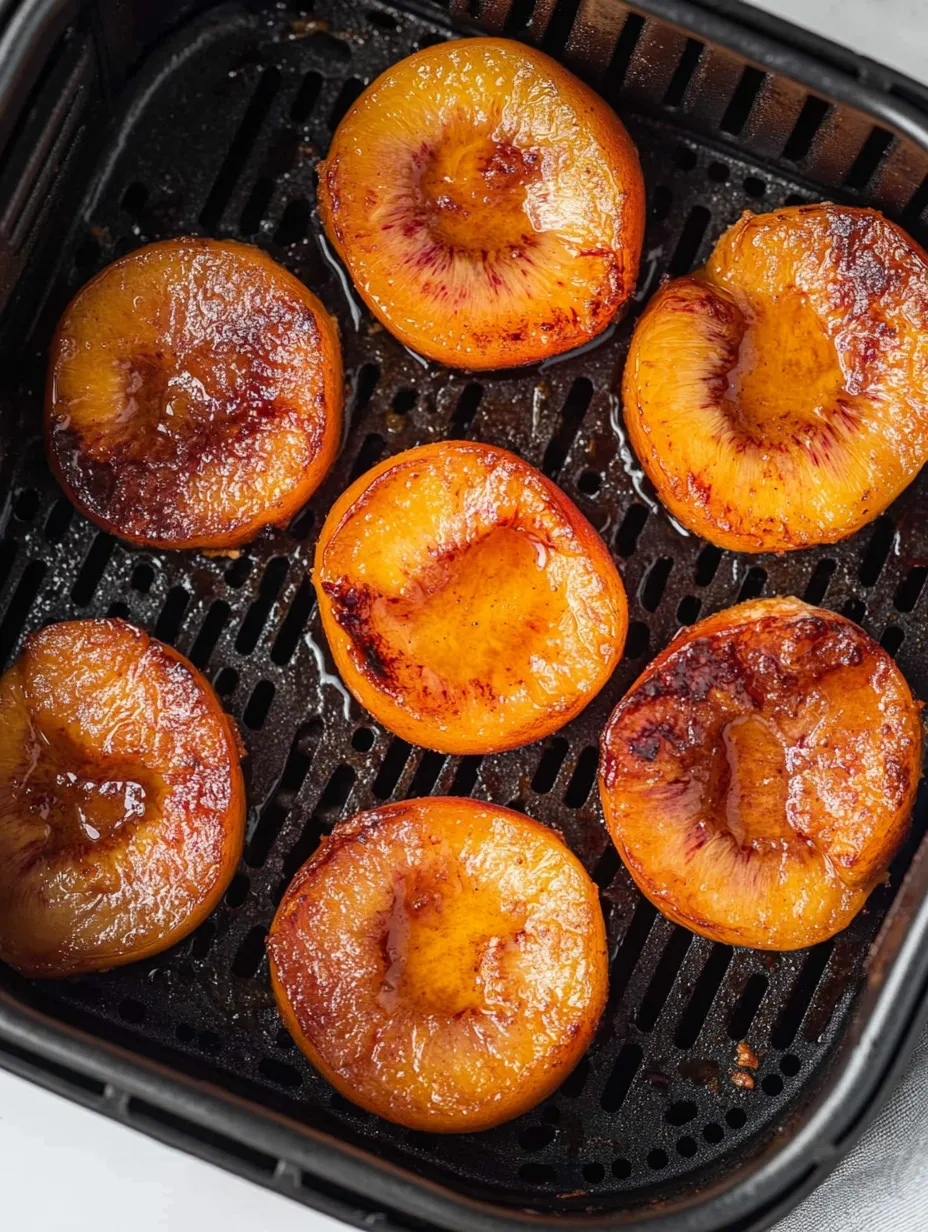 Sliced peaches on a grill.