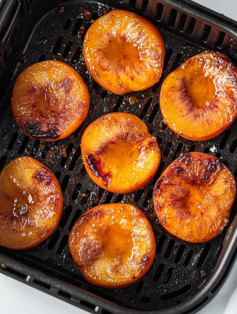 Sliced peaches on a grill.