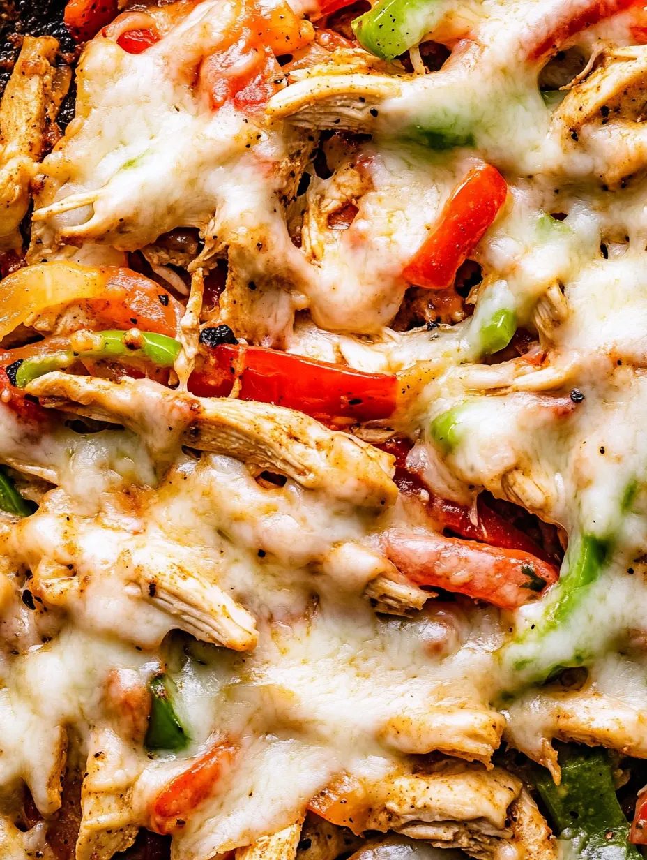 A close up of a pizza with chicken and peppers.