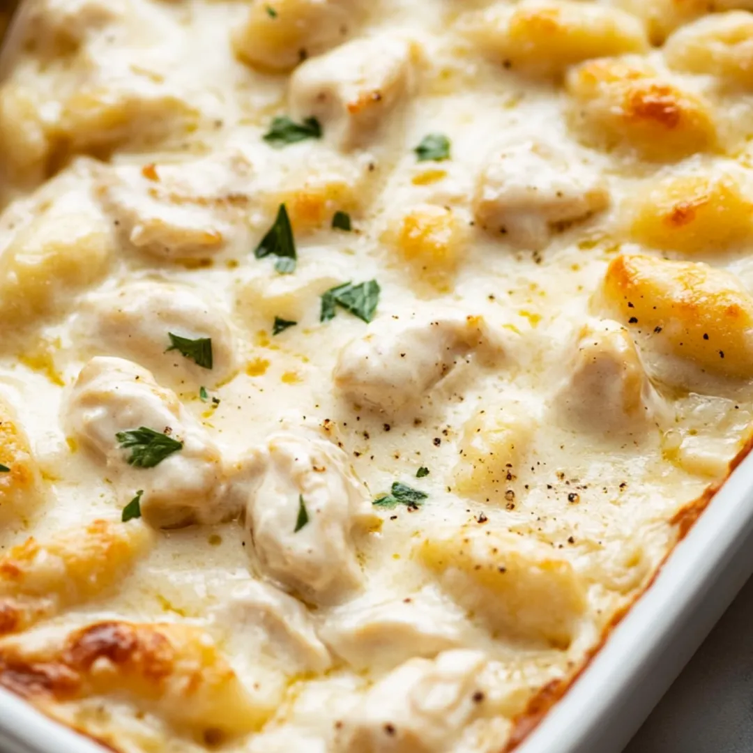 A white plate with a casserole dish on it.