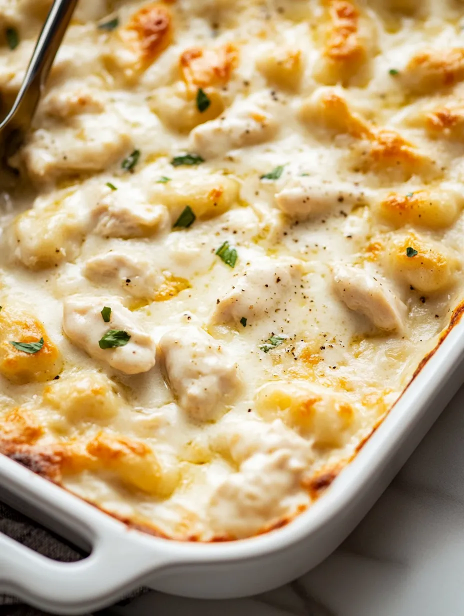 A white dish with a cheesy chicken dish.