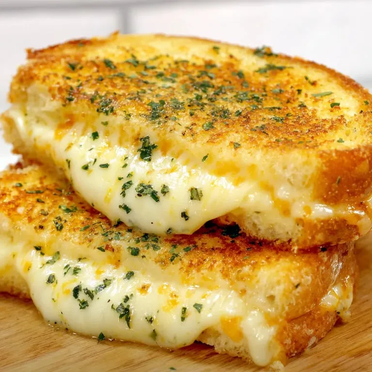 Two pieces of grilled cheese on a wooden table.