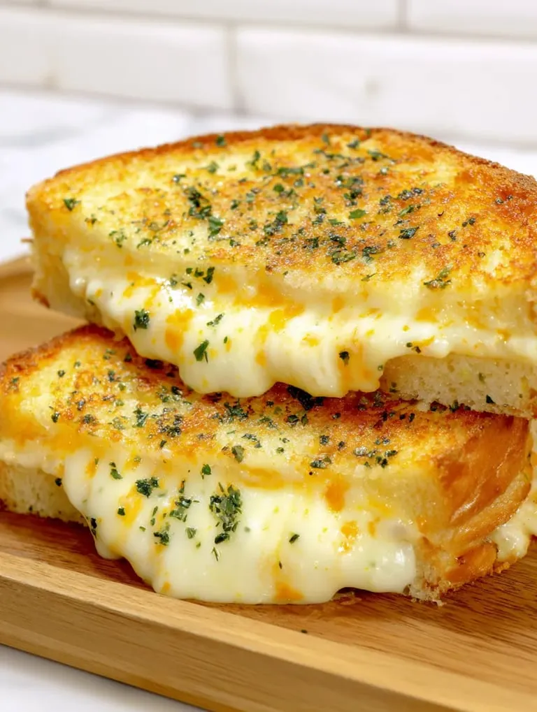 Two pieces of cheese toast on a wooden board.