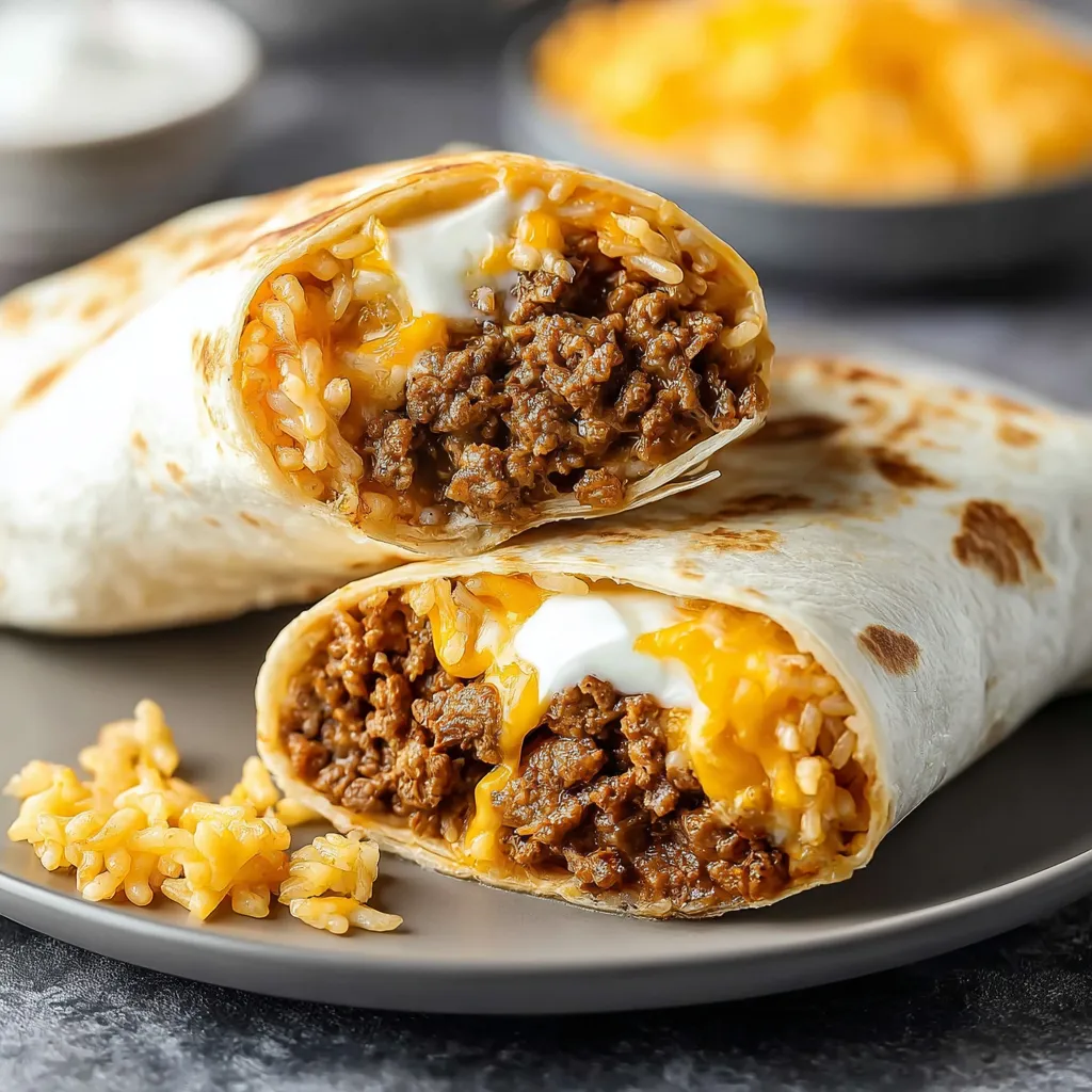 Cheesy beef burritos on a serving plate.