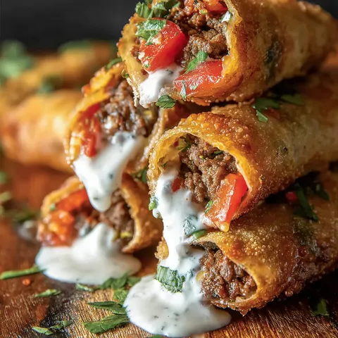 A stack of burritos with white sauce on a table.