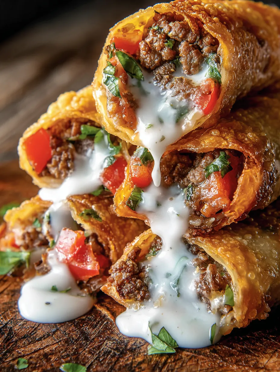 A stack of burritos with white sauce on them.