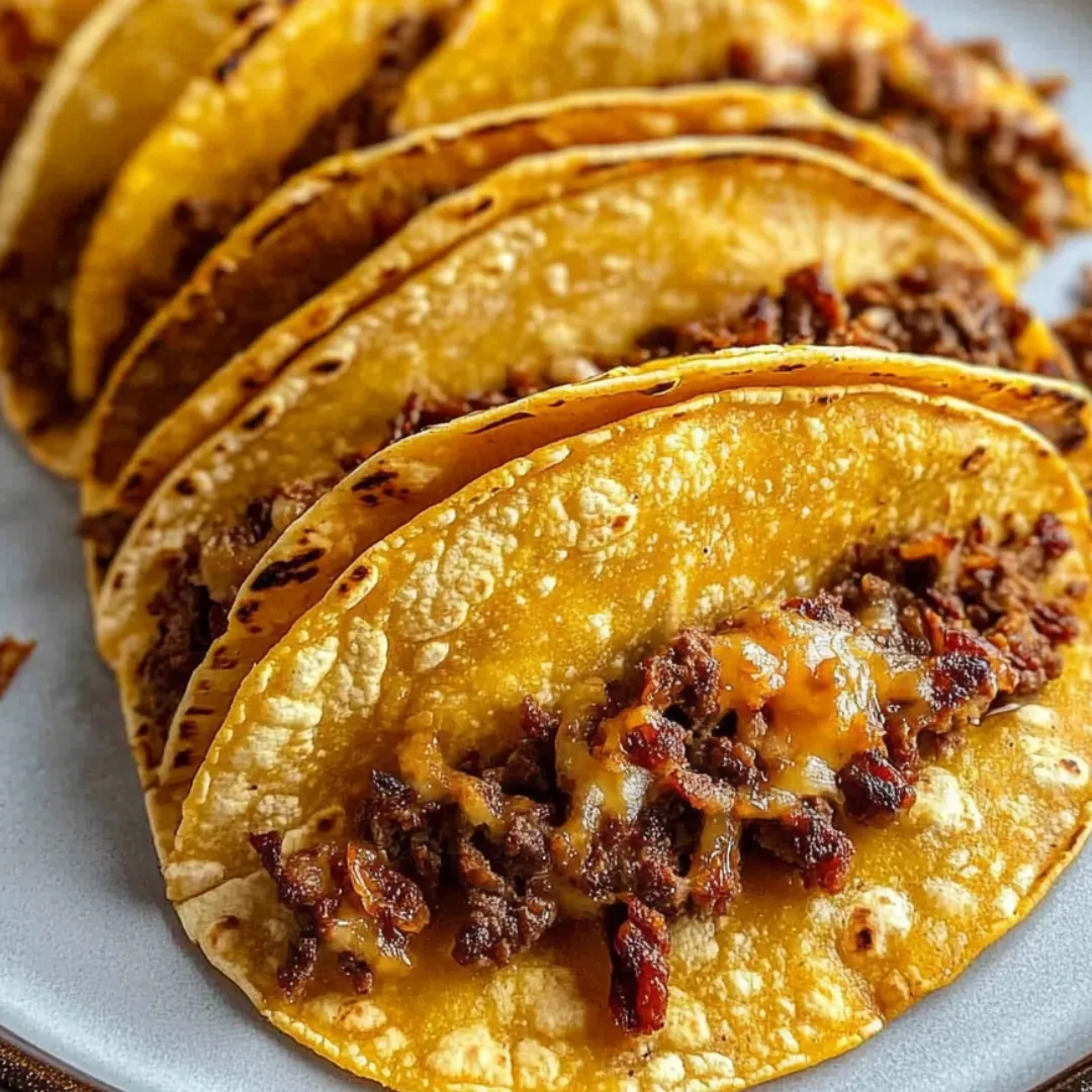 A plate of tacos with meat and cheese.
