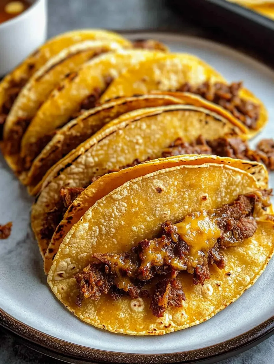 A plate of tacos with meat and cheese.