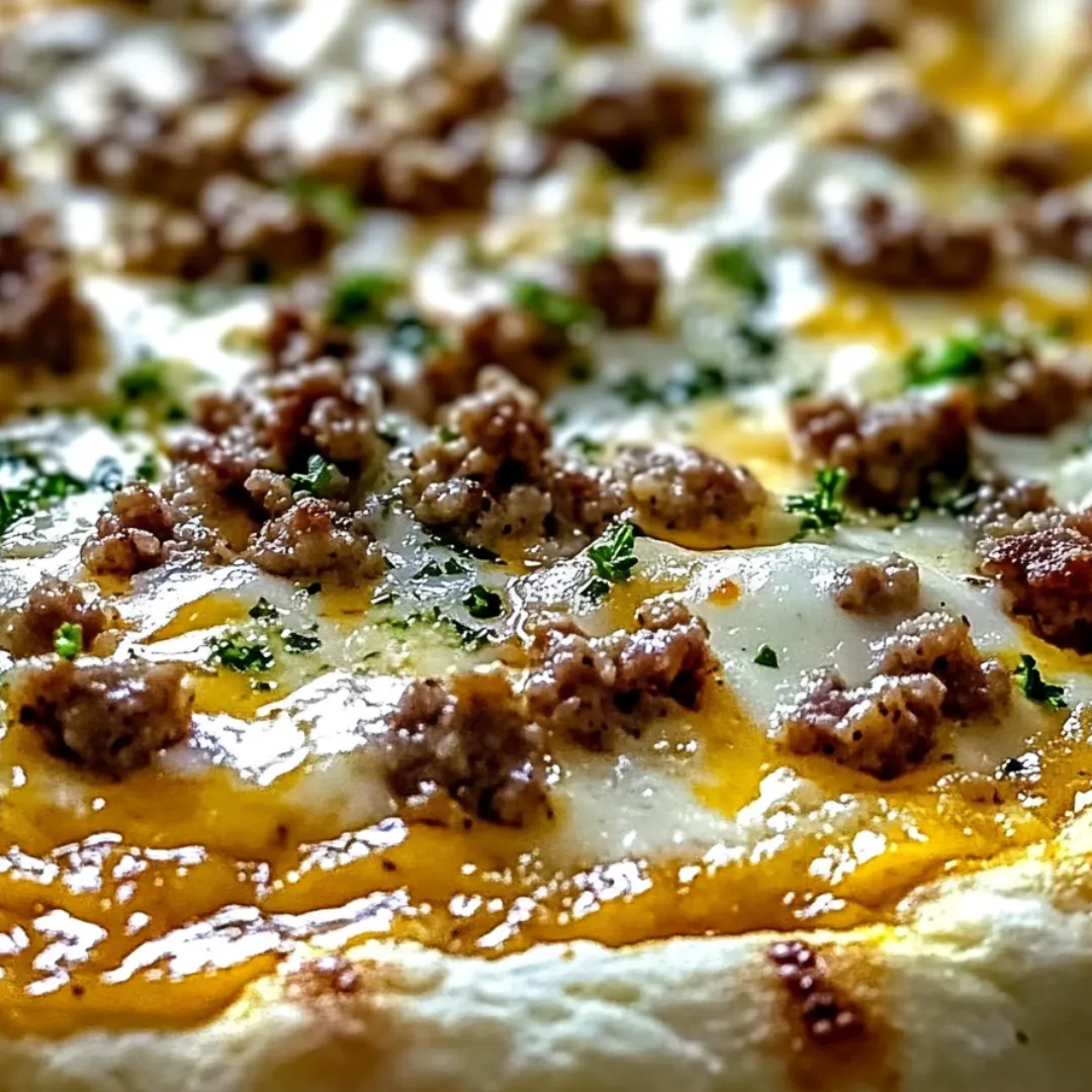 A close up of a pizza with meat and cheese.