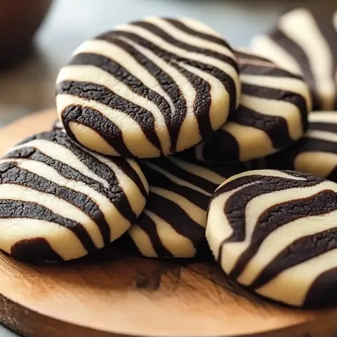 A plate of cookies with black and white stripes.
