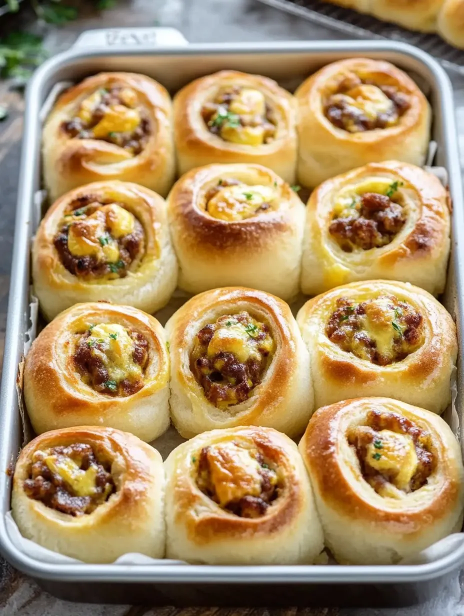 A tray of rolls with cheese and meat.