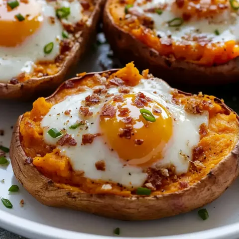 Two slices of potato with eggs on top.