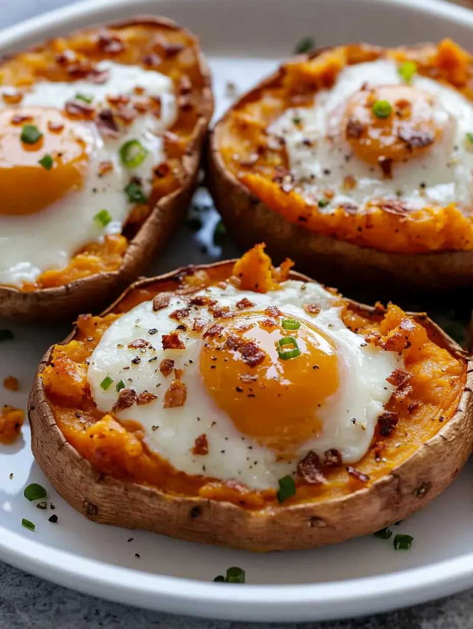 Two halves of a baked potato with eggs in the middle.