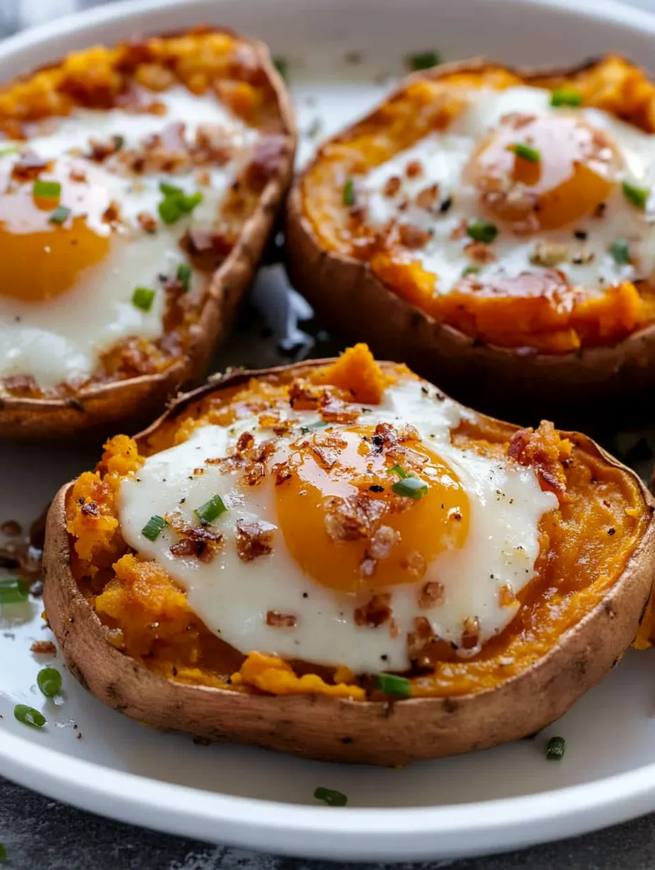 Two halves of a baked potato with eggs in the middle.