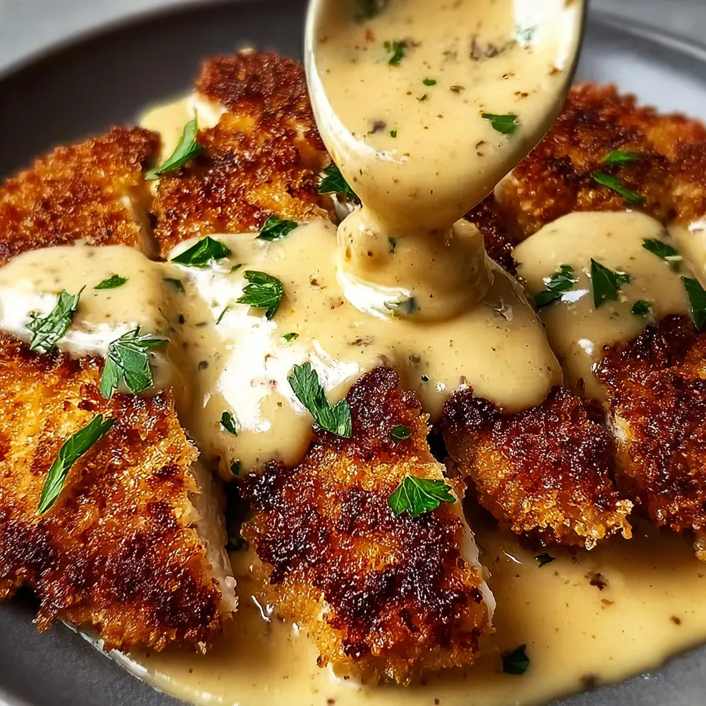 A plate of chicken with a creamy sauce.