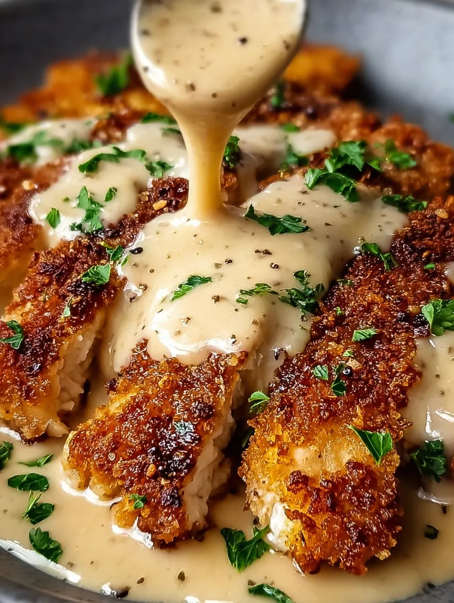 A piece of chicken with gravy on it.