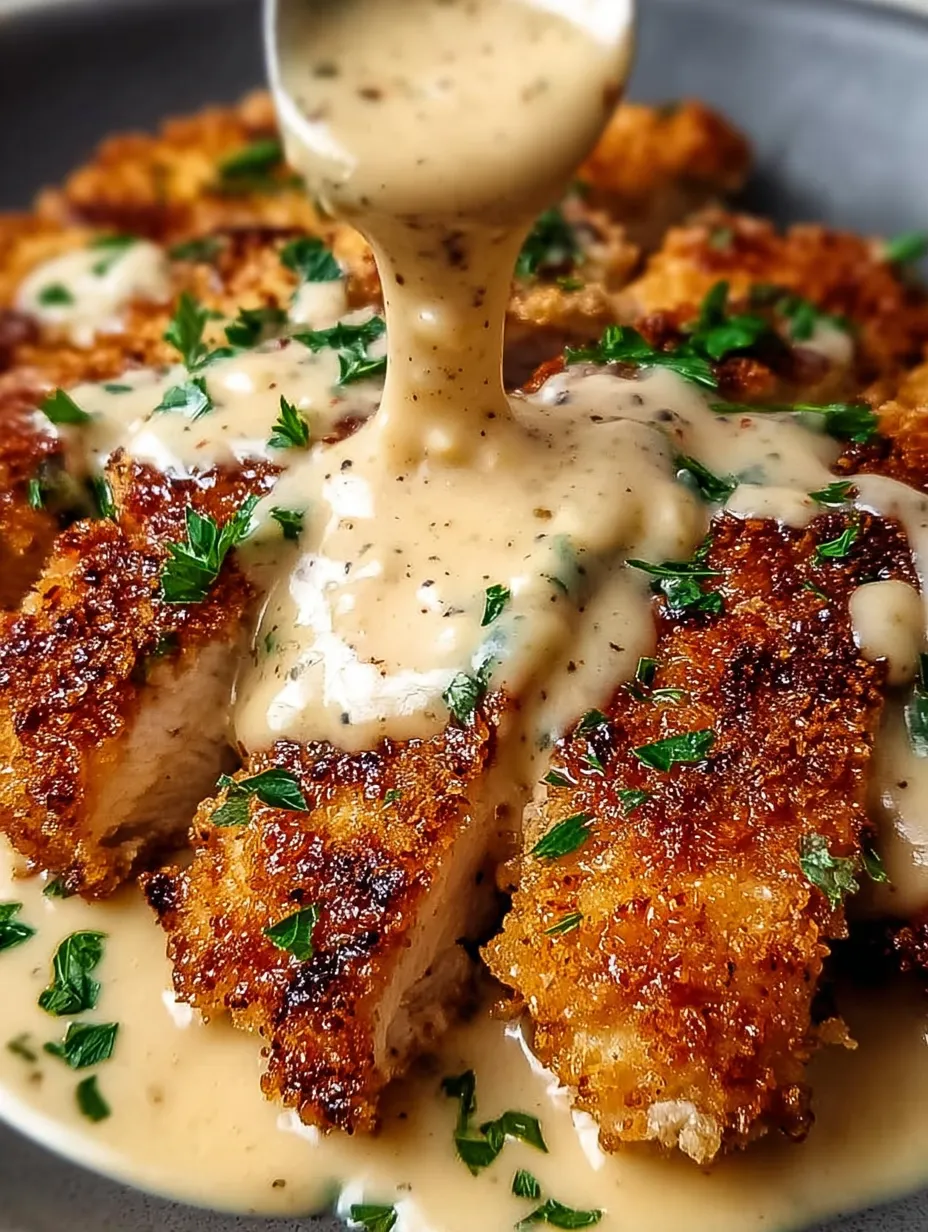 A yummy piece of chicken with gravy on it.